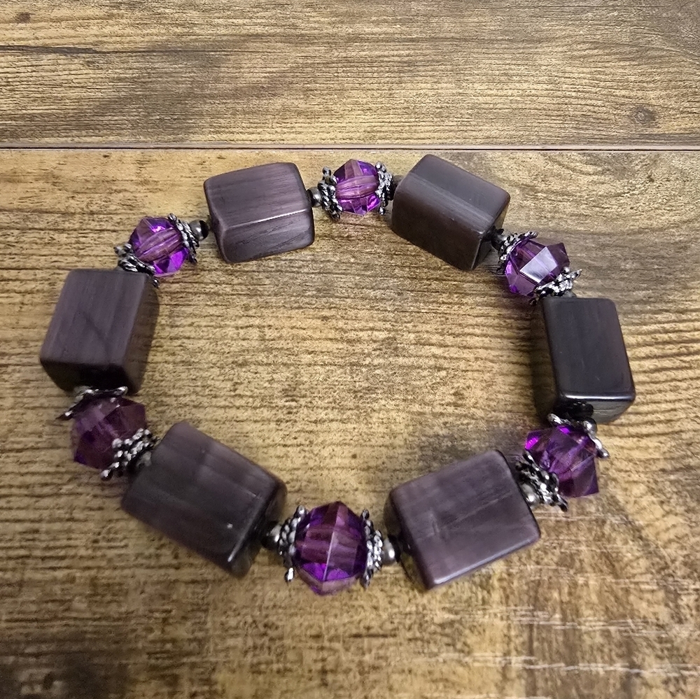 Purple and Silver toned Beaded Stretchy Bracelet